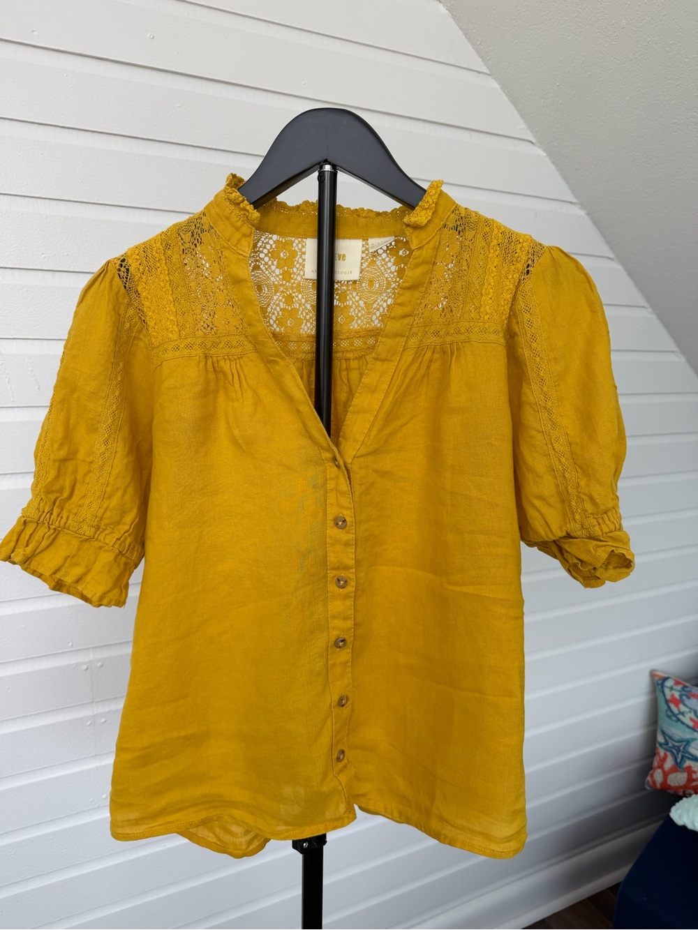 Maeve Anthropologie Size 2 Mustard Yellow Lace Puff Sleeve Button Blouse Boho
